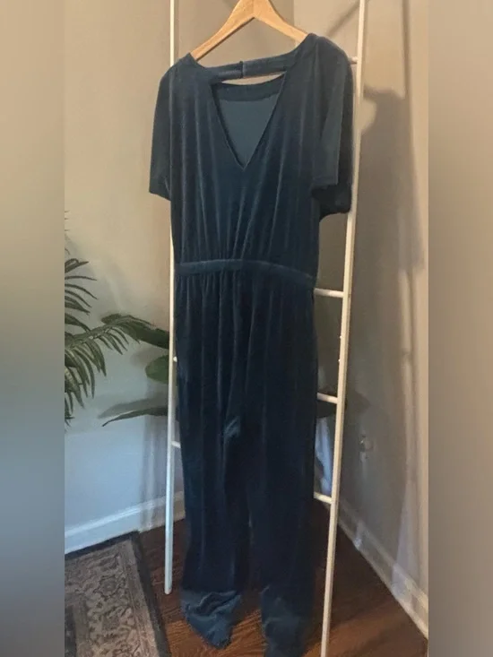 Anthropologie Velvet Jumpsuit in Teal Blue - Picture 4 of 12